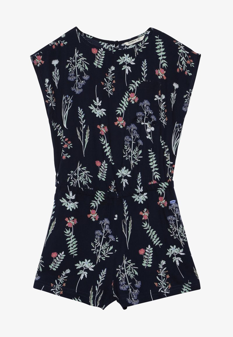 Granatowy kombinezon w kwiaty z zielonymi i czerwonymi wzorami roślinnymi, krótkimi rękawami, taliowaniem i małą kieszonką na piersi. Miękka faktura materiału.