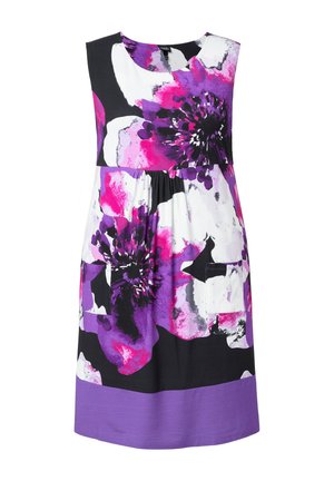 Hihaton polvimittainen mekko, jossa suuri vaaleanpunainen, violetti, musta ja valkoinen kukkakuosi sekä yksivärinen violetti reunus helmassa.