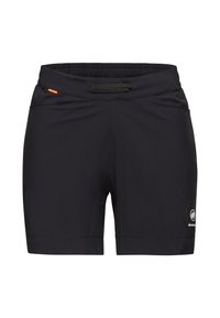Black sports shorts made of lightweight fabric, featuring an elastic waistband, side pockets, and a small orange accent detail.
