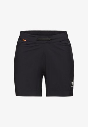 Svarta sportshorts i lätt tyg, med elastisk midja, sidofickor och en liten orange detalj.
