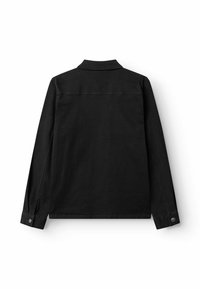 Sort langærmet jakke med krave og manchetter med knapper, vist bagfra på en hvid baggrund.