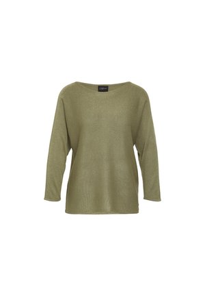 Olive green knit sweater with a wide neckline, long sleeves, and a relaxed fit. Material textured with subtle shimmer detail.
