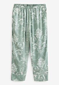 Vaaleanvihreät kuviolliset housut, joissa on valkoisia kukkakuvioita. Joustorengas vyötäröllä, sivutaskut ja lahkeiden cuffs. Silkkinen tekstuuri.