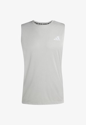 Maglietta sportiva senza maniche grigio chiaro con collo rotondo e piccolo logo bianco Adidas sul lato sinistro del petto.