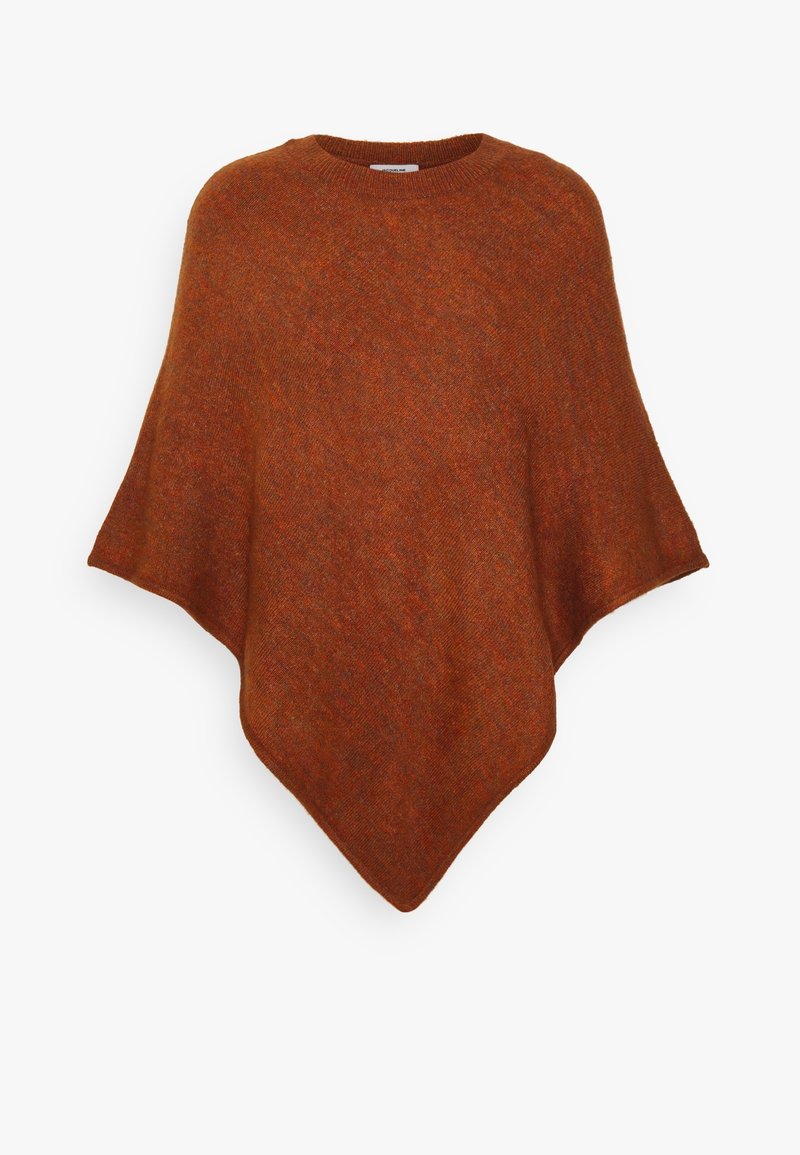 Ruskvärgad poncho i mjukt, strukturerat tyg. Har en rund halsringning och en flödande, asymmetrisk fåll med spetsiga kanter.