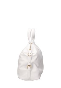 Borsa in pelle bianca con forma arrotondata, manici superiori e accessori in oro. Presenta una chiusura con zipper e una superficie testurizzata.