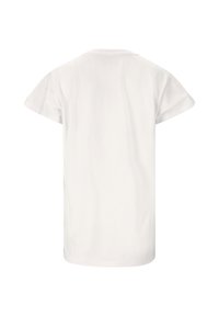 Valkoinen puuvillapaita, lyhyet hihat, pyöreä kaula-aukko, sileä pinta, yksinkertainen muotoilu, ei grafiikoita tai kuvioita, tavallinen istuvuus, takanäkymä.