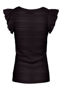 Blouse noire à manches courtes avec motif à œillets et manches à volants, taille ajustée et encolure ronde, vue de dos.
