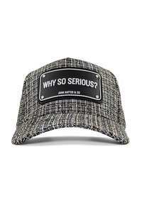 Gray patterned cap with a flat peak, featuring a black rectangular patch that reads "WHY SO SERIOUS?" and "JOHN HATTER & CO." below.