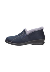 Navyblaue Slipper mit einer Fütterung aus Kunstfell, ausgestattet mit einem samtartigen Obermaterial, hellem Nähen und einer gepolsterten schwarzen Außensohle.
