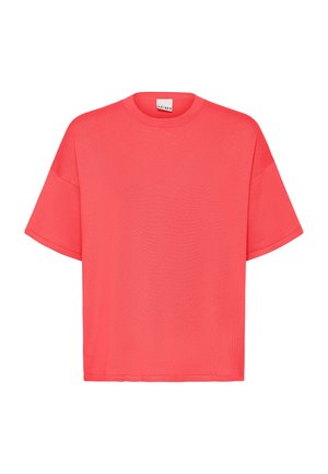 Koraal oversized T-shirt met korte mouwen, ronde hals, gemaakt van zacht stof met een licht gestructureerd oppervlak, rechte zoom, zonder patronen of accenten.
