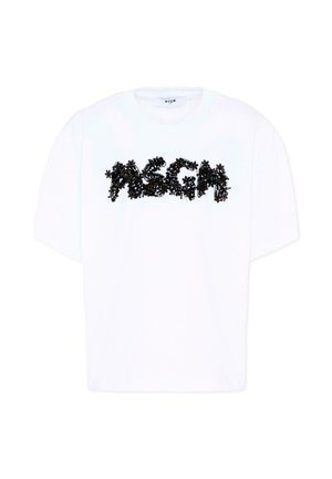 T-shirt bianca a maniche corte con decorazioni floreali nere che formano le lettere "MSGM" sul petto.