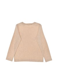 Helles beige Langarmshirt, weicher Stoff, runder Halsausschnitt, schlichtes Design mit geradem Schnitt, keine Muster oder Verzierungen.
