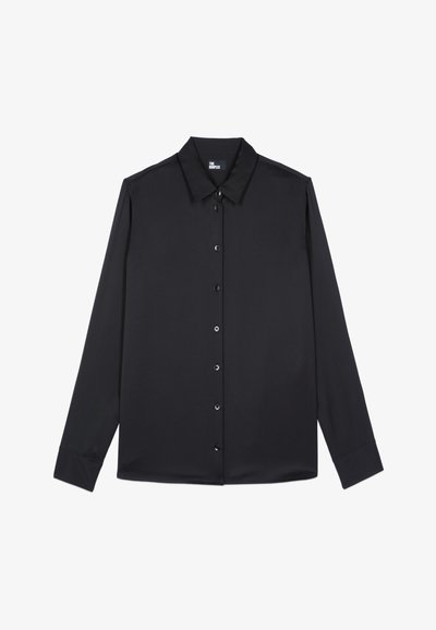 Black long-sleeve shirt made of smooth fabric, featuring a classic collar, front button closure, and black buttons along the placket.