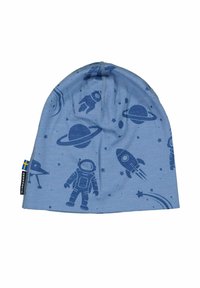 Sininen puuvillapipo, jossa on kuvioita astronautista, raketista ja planeetoista tummansinisellä. Pehmeä rakenne, kerätty päälliosuus ja sivulappu.