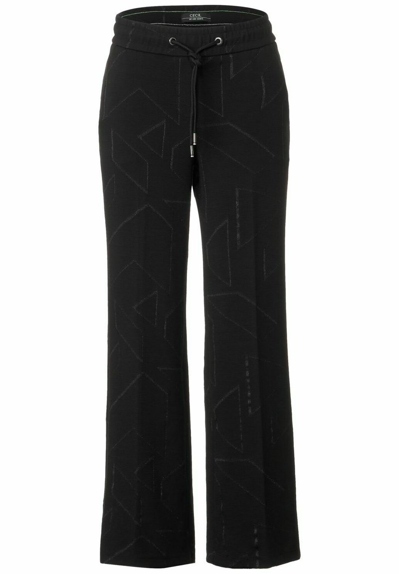 Pantalones de chándal negros de pernera ancha con cintura ajustable, que presentan un sutil patrón geométrico y una textura suave. Elaborados con una cómoda mezcla de tejidos.