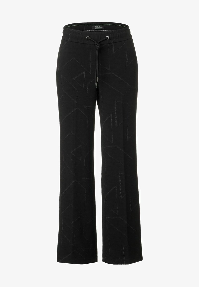 Pantalones de chándal negros de pernera ancha con cintura ajustable, que presentan un sutil patrón geométrico y una textura suave. Elaborados con una cómoda mezcla de tejidos.