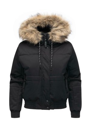 Zwarte gewatteerde jas met een nepbont capuchon, elastische manchetten en zijritsen. Kenmerkt zich door een slank design en een stevige textuur. Warm en functioneel.