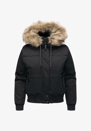 Zwarte gewatteerde jas met een nepbont capuchon, elastische manchetten en zijritsen. Kenmerkt zich door een slank design en een stevige textuur. Warm en functioneel.