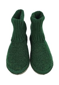 Grüne, gestrickte Knöchelstiefel aus weichem Filzmaterial mit einem gerippten Bund und einer strukturierten Oberfläche. Rundspitze und flache Sohle.