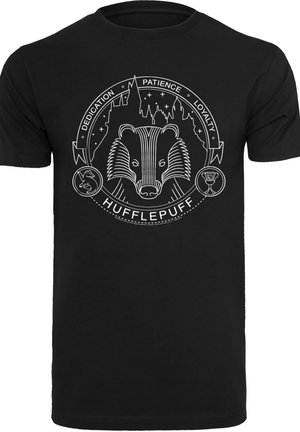 Zwarte katoenen T-shirt met een witte lijntekening van een das omgeven door de tekst: "Toegewijd, Geduldig, Loyaliteit," en "Hufflepuff."