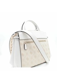 Biała torebka z teksturowanym beżowym przodem, złotymi elementami i odpinanym łańcuszkowym paskiem. Z tyłu znajduje się kieszeń na suwak.