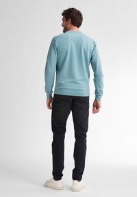 Jasnoniebieska bluza crewneck, ze ściągaczami przy mankietach i u dołu; w połączeniu z ciemnymi dżinsami i jasnymi sneakersami; pokazana z tyłu.