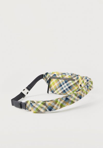 Υφασμάτινη τσάντα μέσης με κίτρινο, μπλε και πράσινο καρώ μοτίβο, μαύρο ρυθμιζόμενο λουρί και μπροστινή τσέπη με φερμουάρ και χερούλι.