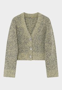 Cardigan cropped de manga curta em malha texturizada com uma combinação de cores verde e cinza, apresentando quatro botões em tom prateado e um design de decote em V.