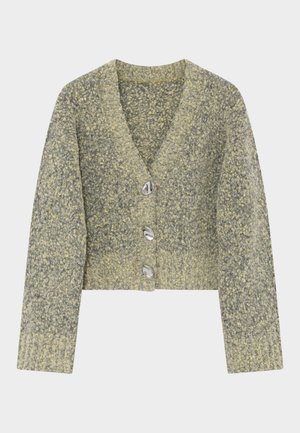Kortärmad croppad cardigan i ett strukturerat stickat material med en blandning av gröna och grå nyanser, med fyra knappar i silverfärg och en V-ringning.