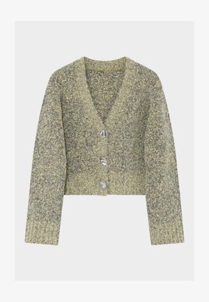 Kortärmad croppad cardigan i ett strukturerat stickat material med en blandning av gröna och grå nyanser, med fyra knappar i silverfärg och en V-ringning.