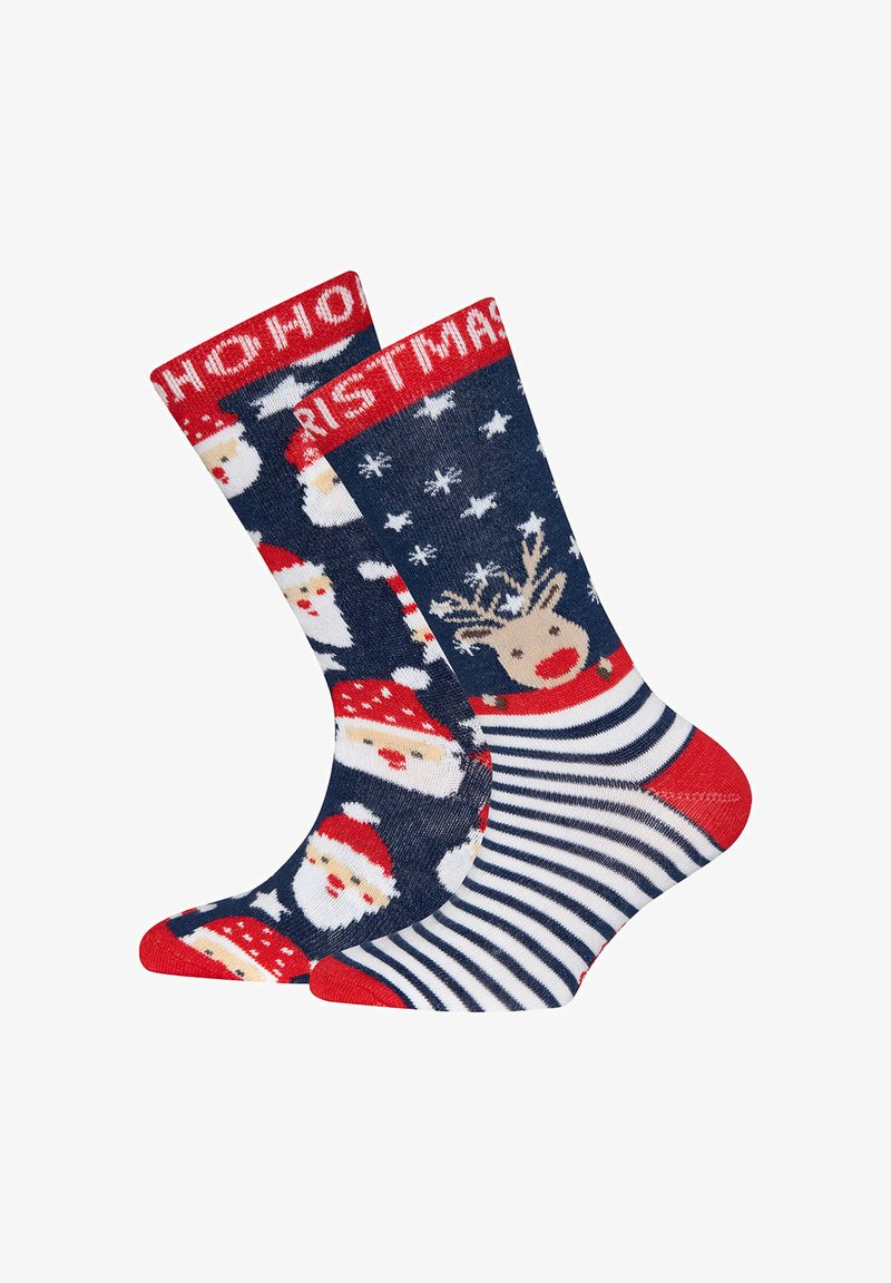 Navy socks decorated with red and white Santa faces and reindeer, featuring a striped pattern and "Merry Christmas" text on the cuff.