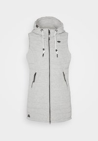 Gray sleeveless vest with a hood, front zipper, and drawstrings. Features side zip pockets and a smooth, textured fabric finish.