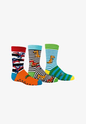 Drei bunte Kindersocken mit Dinosaurier-Designs und gestreiften Mustern in Rot, Orange, Schwarz, Blau, Grün und Gelb.