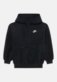 Melnas Nike vilnas kapuce ar pusi rāvējslēdzēju, kangaru kabatu, ribotām aprocēm un baltu Nike logotipu kreisajā krūtī.