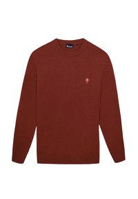 Maglione di colore ruggine realizzato in materiale morbido, con colletto girocollo e maniche lunghe. Include un piccolo logo di un albero ricamato sul petto.