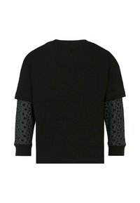 T-shirt noir avec un corps noir court et des manches longues, arborant un motif de logo gris. Col rond et coupe décontractée. Mélange de coton.