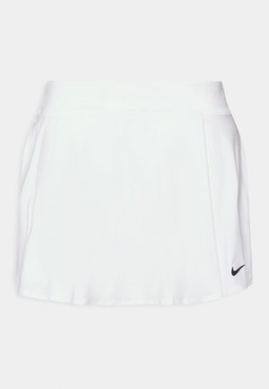 White athletic skort with a smooth texture, elastic waistband, and black Nike logo on the lower right side. Designed for active wear.