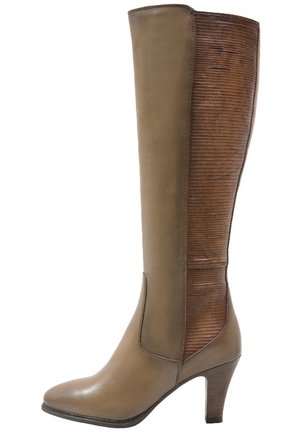 Knee-high brown leather boots with a glossy finish, featuring ribbed texture on the back, round toe, and a moderate heel.