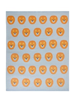 Lichtblauwe deken met 30 gelijkmatig verdeelde cartoon leeuwengezichten in rijen, elk leeuwengezicht oranje met eenvoudige gelaatskenmerken.