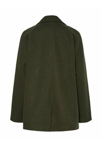 Olijfgroen wollen jas met een ontspannen pasvorm, notch-kragen en minimalistische details. Heeft een schone achterkant met een rechte zoom en geen zichtbare sluitingen.