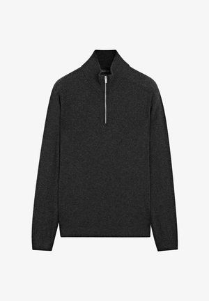 Dunkelgrauer Pullover mit hohem Kragen und kurzem Reißverschluss. Aus Strickstoff gefertigt, mit langen Ärmeln und einem schlichten Design.