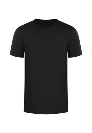 Schwarzes Kurzarm-T-Shirt aus weichem Stoff mit klassischem Rundhalsausschnitt, das eine glatte Textur und einen geraden Saum aufweist. Ohne Muster oder Logos.