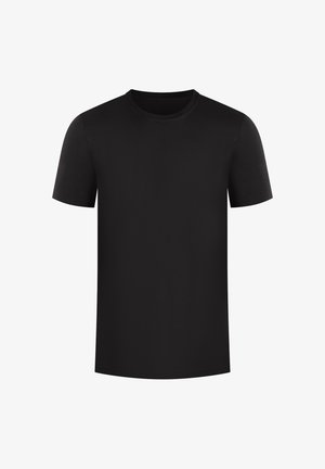 Sort kortærmet t-shirt lavet af blødt stof med klassisk rund halsudskæring, der har en glat tekstur og en lige kant. Ingen mønstre eller logoer.