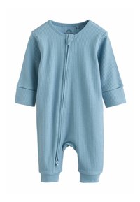 Lyseblå babyheldragt i ribstrikket stof med lange ærmer, lynlås og manchetter ved anklerne for ekstra komfort.
