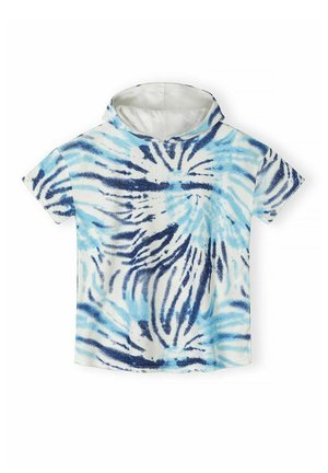 Bluza z krótkim rękawem z kapturem, z wzorem tie-dye w kolorach niebieskim i białym, z białą podszewką kaptura i luźnym krojem.