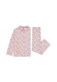 Ensemble de pyjama à imprimé floral en coton doux, comprenant une chemise à manches longues avec col et un pantalon assorti. Les couleurs incluent le rose, le bleu et le vert.