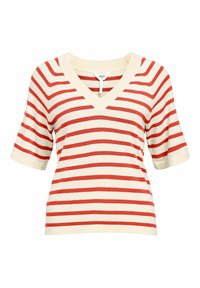 Cream knit top with red horizontal stripes, V-neckline, and short sleeves. Features a soft texture and relaxed fit.