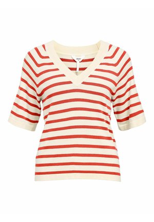 Top en tricot crème avec des rayures horizontales rouges, décolleté en V et manches courtes. Pr�ésente une texture douce et une coupe décontractée.