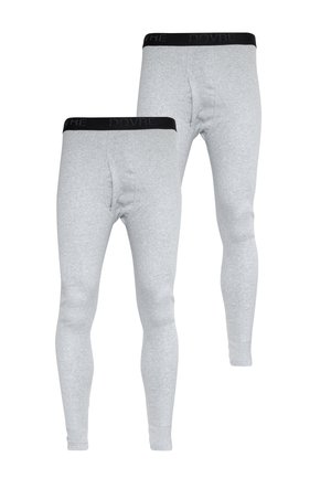 Grå lang underbukser med en sort elastisk talje, der har "DOVRE" logo, lavet af et blødt, strækbart stof med en glat struktur.